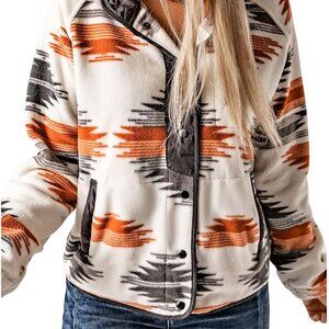 Womens Fleece Jacket Western Aztec Print Long Sleeve Snap Button Down Shacket Ja